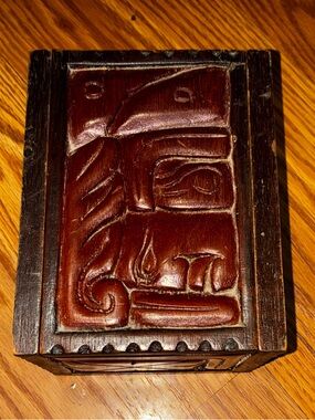 Antique Mayan Carved Wooden Trinket Box in Dark Brown Hand Carved Design